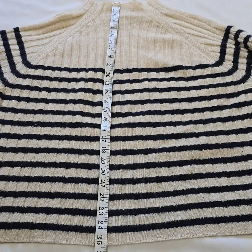 MANGO Cream and Blue Crewneck CASHMERE Sweater‎ with Nautical Stripes M